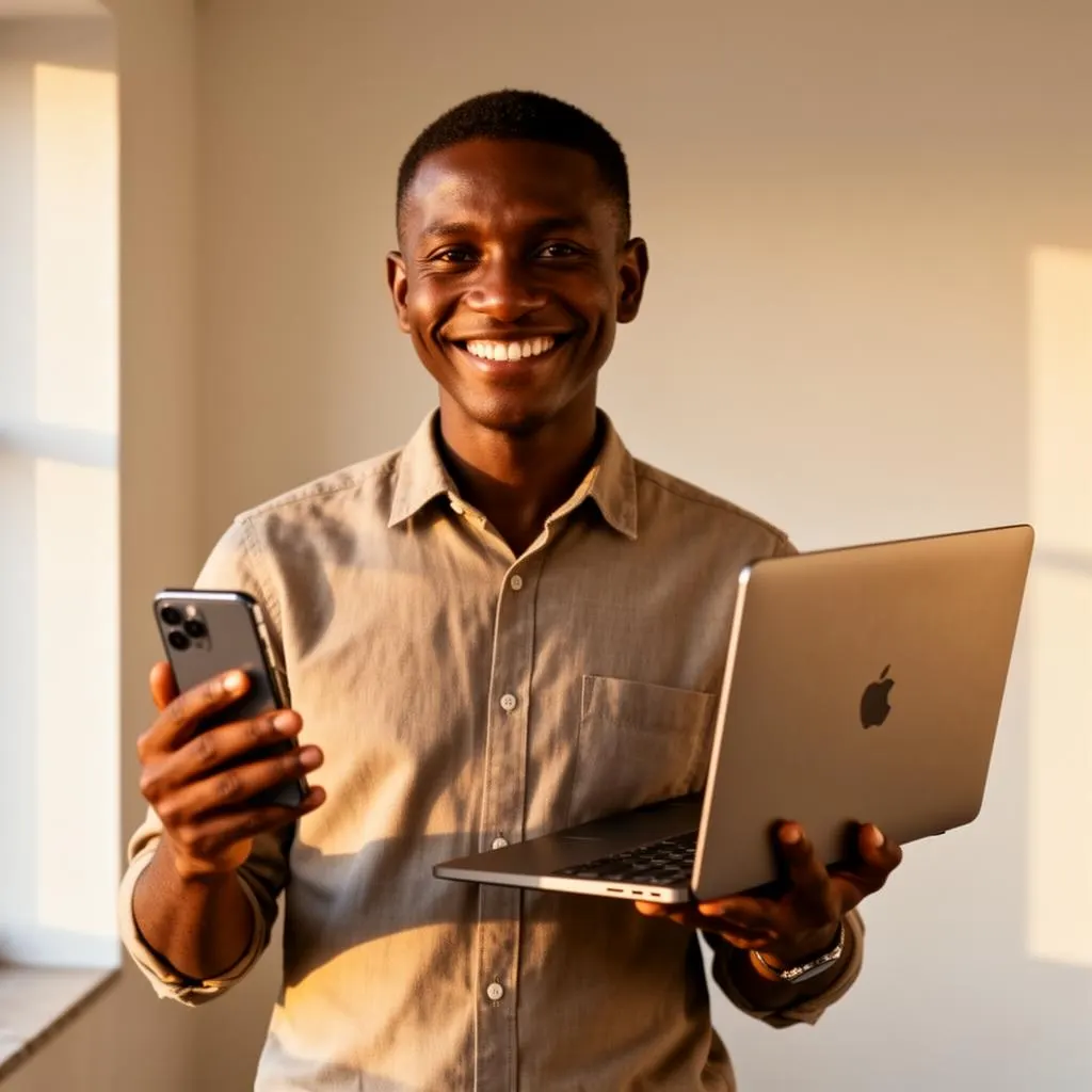 Client satisfait à Madagascar tenant un smartphone et un ordinateur portable